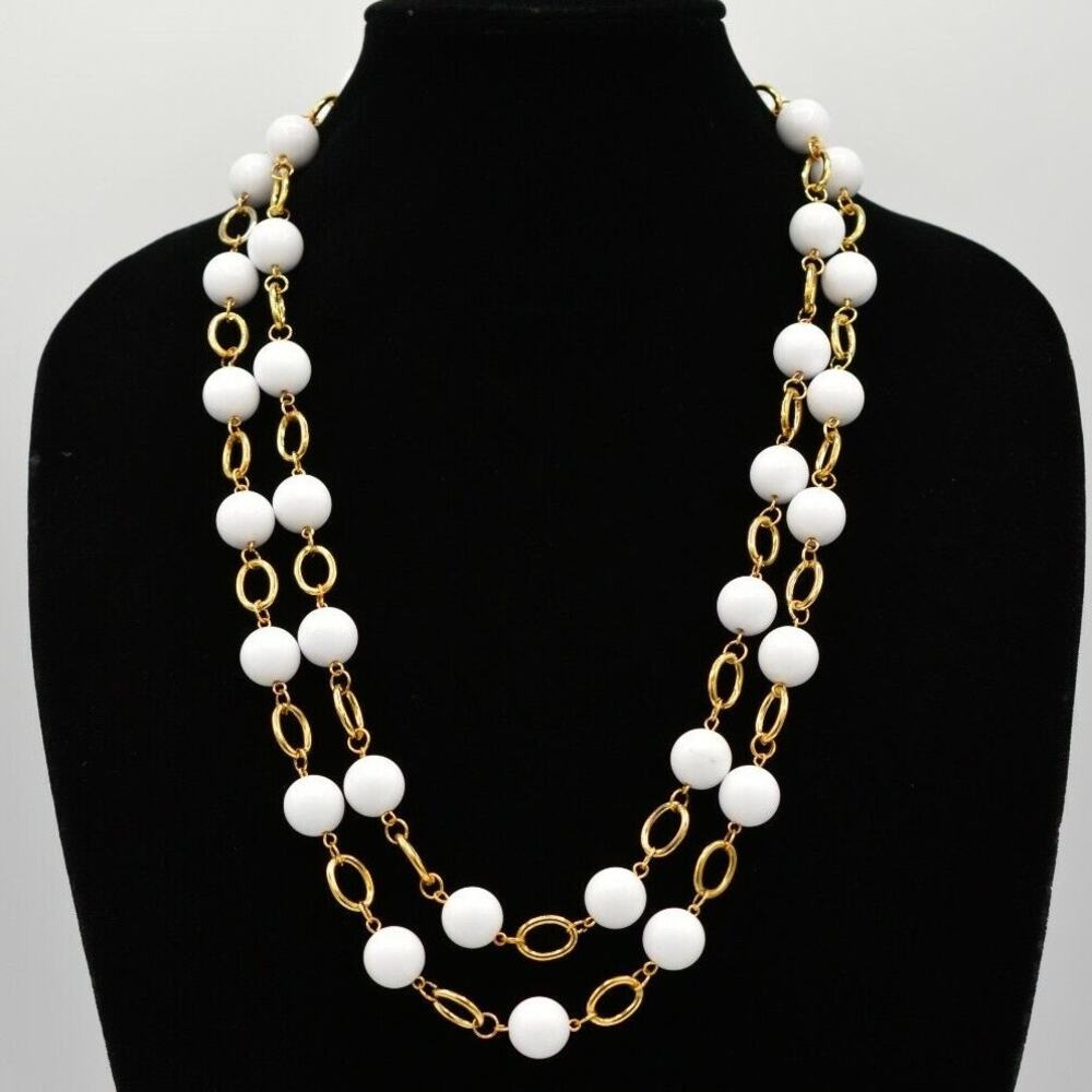 Vintage Statement Station Necklace Long White Beaded Gold Chain NOS 1980s Bin1D
